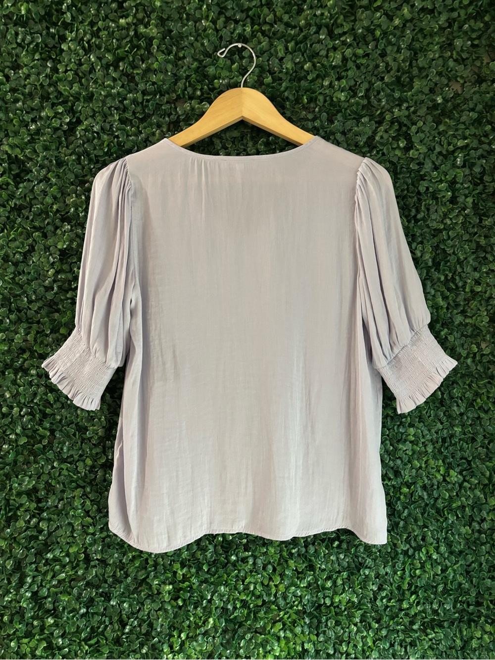 V-Neck Light Lavender Blouse with Smocked Ruffle Sleeves - Picture 2 of 3